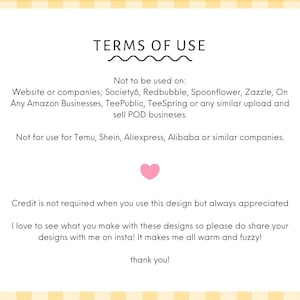 a text box with a pink heart symbol, and it contains a list of terms of use for a design service.