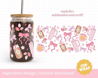 Pink Essentials Cup Wrap, 16oz Glass Can Wrap, coquette coffee PNG, Glass Cup, Libby glass can wrap