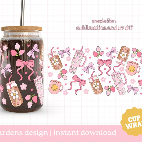 Pink Essentials Cup Wrap, 16oz Glass Can Wrap, coquette koffie PNG, Glazen Cup, Libby glas kan inpakken