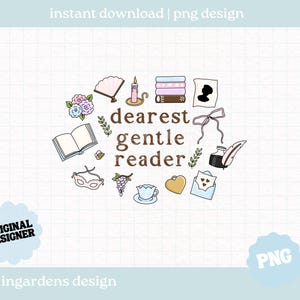 Puede incluir: Diseño PNG digital con varias ilustraciones, incluyendo un libro abierto, flores, un abanico, una vela, libros, una silueta, un lazo, un tintero, una máscara, uvas, una taza de té, un corazón y un sobre. También se incluye el texto "dearest gentle reader".