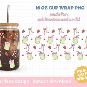 Envoltura de taza de matcha de fresa PNG, envoltura de lata de vidrio de 16 oz, descarga digital, vaso de vidrio, envoltura de lata de vidrio Libby imagen 1