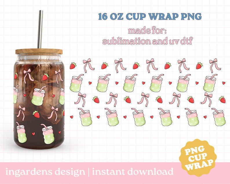 Envoltura de taza de matcha de fresa PNG, envoltura de lata de vidrio de 16 oz, descarga digital, vaso de vidrio, envoltura de lata de vidrio Libby imagen 1