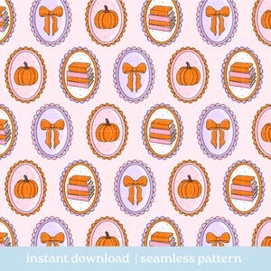 May include: Seamless pattern featuring oval frames with pumpkins, bows, and stacks of books in orange, pink, and purple on a light pink background. The words "instant download | seamless pattern" are at the bottom.