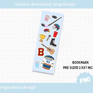 May include: A light blue bookmark featuring various sports and music-themed illustrations. Includes a hockey stick, helmet, trophy, guitar, and jersey with the name "GRAHAM" and the number "44". The bookmark is pre-sized at 2.5x7 inches.