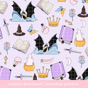 Fantasy Seamless Pattern PNG, Bookish Seamless Pattern, Digital Download, Repeat Pattern