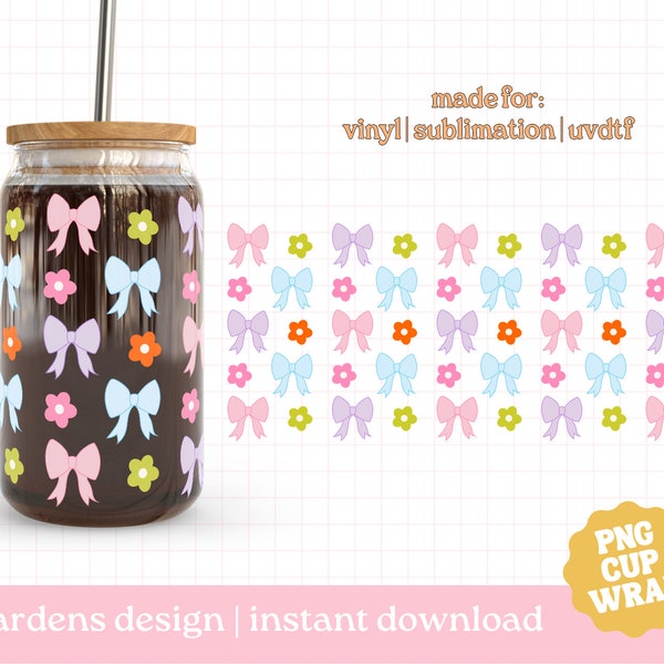 Colourful Flowers and Bows Cup Wrap, 16oz Glass Can Wrap, Coquette PNG, Glass Cup Svg, Libby glass can wrap