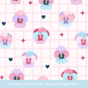 May include: A seamless pattern featuring pink, blue, and purple pansies on a white background with a pink grid. The pattern also includes small red and blue hearts.