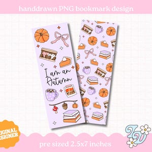 Puede incluir: Dos marcapáginas rectangulares con fondo morado claro que presentan ilustraciones dibujadas a mano de calabazas, s'mores, lazos, libros, tazas y tartas. Un marcapáginas muestra el texto I am an Autumn. Dimensiones de 6,35x17,78 cm.