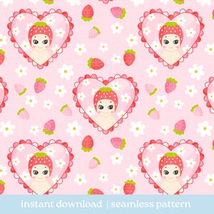 Strawberry Cutie Seamless Pattern, Strawberry Girlie Angel Pattern, Digital Download, Seamless Pattern, Repeat Pattern