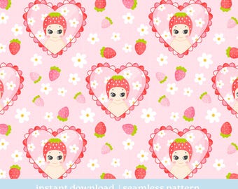 Strawberry Cutie Seamless Pattern, Strawberry Girlie Angel Pattern, Digital Download, Seamless Pattern, Repeat Pattern
