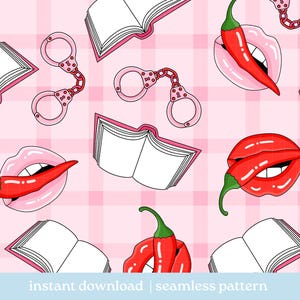 Może przedstawiać: Bezszwowy wzór z otwartymi książkami, różowymi kajdankami, czerwonymi papryczkami chili i różowymi ustami na różowo-białym kratkowanym tle. Słowa "instant download | seamless pattern" znajdują się na dole.