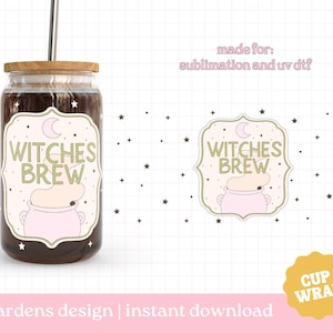 May include: A sublimation design for a cup wrap featuring a pink cauldron with a witch's hat and the text "Witches Brew" in gold lettering. The design is surrounded by stars and a crescent moon.