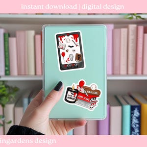 May include: A light teal tablet case with horror-themed stickers. The stickers include a smartphone with blood splatter, a coffin, a bat, and a candle with the word "Horror". The text "instant download | digital design" is at the top.