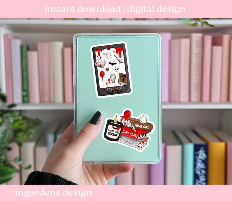 May include: A light teal tablet case with horror-themed stickers. The stickers include a smartphone with blood splatter, a coffin, a bat, and a candle with the word "Horror". The text "instant download | digital design" is at the top.