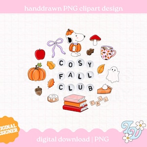 May include: A digital clipart collection featuring a cartoon dog in a pumpkin costume, a red apple, a purple bow, a mushroom, a mug, a ghost, a pumpkin, an acorn, a cinnamon roll, three stacked books, and letter beads spelling COSY FALL CLUB.