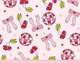 Cherry Disco Bow Seamless Pattern, Soft Girl Pattern, Digital Download, Seamless Pattern, Girly Girl Pattern Design, Repeat Pattern