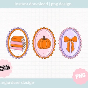 May include: Three oval-shaped digital designs with a retro aesthetic. The designs feature a stack of books, a pumpkin, and a bow, each within a decorative frame. The text "instant download | png design" is at the top.