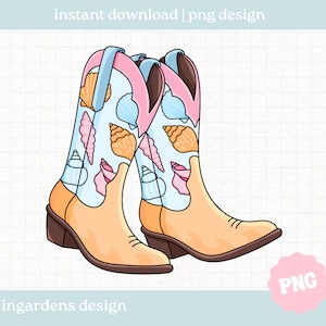 May include: A pair of tan cowboy boots with a light blue shaft decorated with seashell illustrations in orange, pink, and white. The top of the boots are pink and light blue. The image includes the text "instant download | png design" and "ingardens design".
