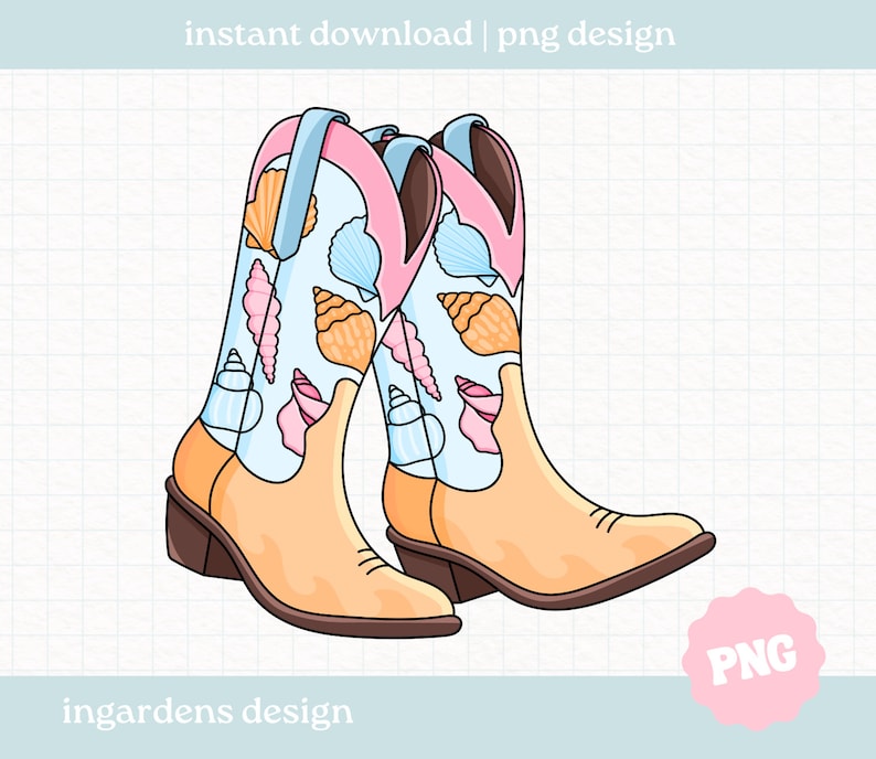 May include: A pair of tan cowboy boots with a light blue shaft decorated with seashell illustrations in orange, pink, and white. The top of the boots are pink and light blue. The image includes the text "instant download | png design" and "ingardens design".
