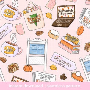 May include: A seamless pattern on a light pink background featuring illustrations of Luke's mugs, Doose's Market tote bags, laptops with Rewatch Season text, Stars Hollow Gazette newspapers, Dragonfly Inn signs, books, pancakes, pumpkins, and pastries.