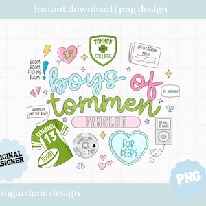 Puede incluir: Un diseño digital con el texto "Boys of Tommen Fanclub" en una fuente caprichosa, rodeado de ilustraciones de una camiseta de rugby, un corazón con el número 13 y otros gráficos relacionados. El diseño incluye el texto "instant download | png design".