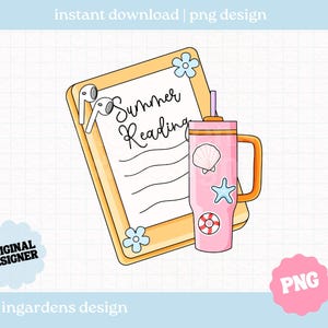 May include: A digital illustration featuring a notepad with the words "Summer Reading", a pink tumbler with seashell, starfish, and life preserver stickers, and a pair of white earbuds. The notepad is decorated with blue flowers.