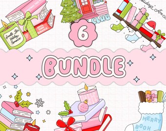 6 Bookish Christmas Clipart Bundle PNG, Digital Clipart Designs for Stickers, T-shirts, Totebags and More