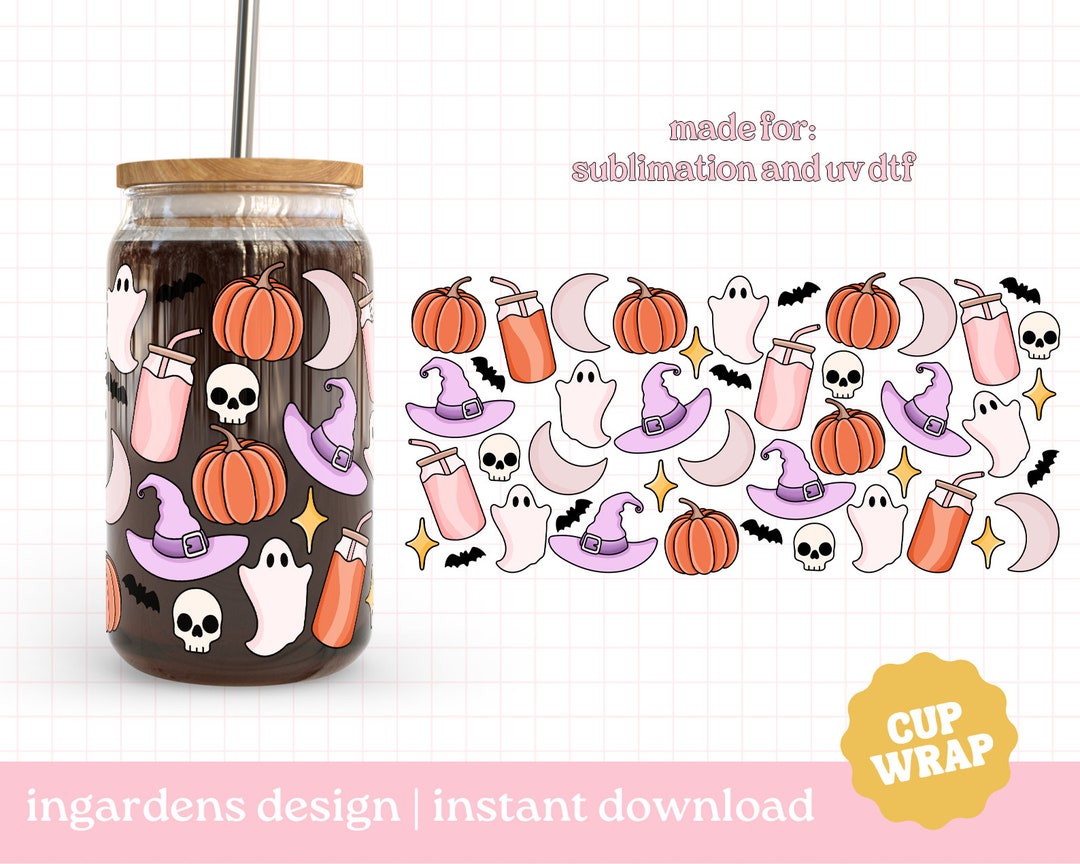 Halloween Cup Wrap, 16oz Glass Can Wrap, Spooky Halloween Autumn Coffee ...