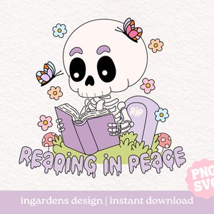 Reading In Peace RIP SVG PNG, Bookish SVG PNG, Scheletro carino che legge un libro, Arte di download digitale per T-shirt, Adesivo, Tazza e altro
