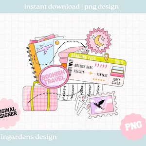 Bookish Travel Mood board PNG, Bookish PNG, Digital Download Art for T-shirt, Sticker, Mug and More