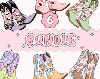 6 Cowgirl Boots Clipart Bundle PNG, Digital Clipart Designs for Stickers, T-shirts, Totebags and More