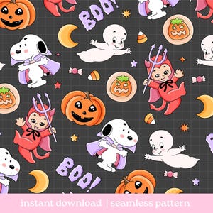 May include: A seamless pattern on a dark grey grid background featuring cartoon illustrations of orange jack-o'-lanterns, white ghosts, a white dog in a purple cape, a red devil with a trident, yellow crescent moons, candy corn, and the text BOO.