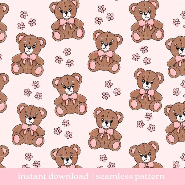 Patrón sin costuras de osito de peluche, lindo patrón sin costuras de flor de lazo de osito de peluche, descarga digital, patrón repetido