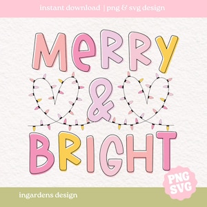 Merry And Bright SVG PNG, kerstverlichting, Merry Christmas Holiday, trendy vakantie T-shirt, retro stijl kerst svg png