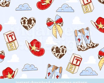 Cowboy Story Seamless Pattern, TS Cowboy Repeat Design (Digital Download)