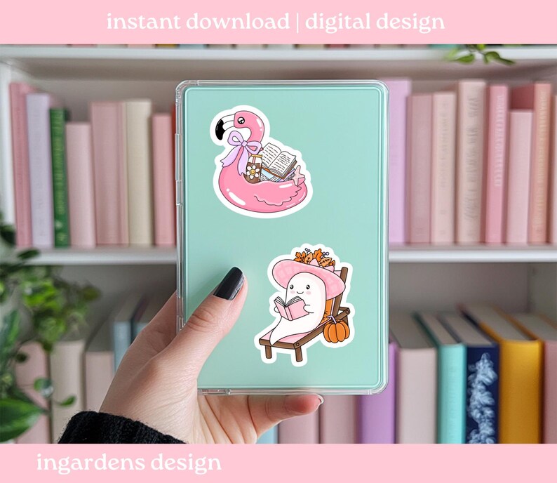 May include: A digital design featuring two stickers. One sticker shows a pink flamingo float with books and a drink. The other sticker shows a ghost reading a book on a lounge chair with a pumpkin. Text at the top says "instant download | digital design".