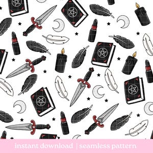 May include: A seamless pattern featuring repeating illustrations of black spellbooks with pentagrams, silver daggers with red hilts, black candles with yellow flames, black and white feathers, black lipsticks, and crescent moons on a white background.