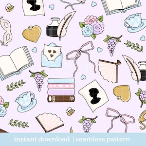 May include: A seamless pattern on a pale purple background, featuring illustrations of books, inkwells, feathers, flowers, bows, hearts, grapes, teacups, and silhouettes. The text "instant download | seamless pattern" is at the bottom.