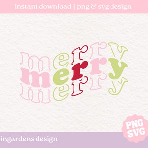 May include: A graphic design featuring the word "merry" in a layered, overlapping style. The letters are in pink, green, and red.