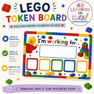 May include: A rectangular token board featuring a colourful border of plastic building blocks. The board includes the text 'I'm working for...', a large blank space, and five smaller blank squares. A yellow minifigure and a block tower are illustrated.