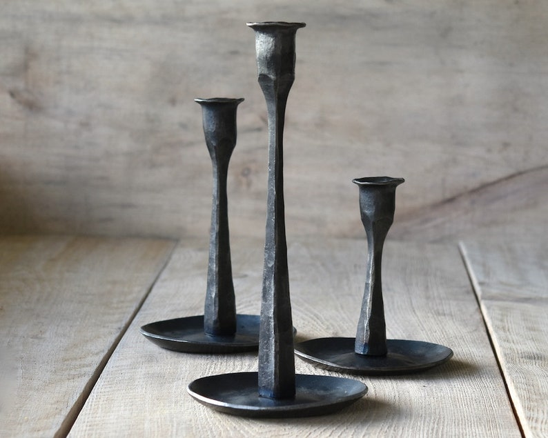 THREE CANDLESTICKS with or without personalization iron candlesticks wabi sabi iron anniversary 6th anniversary 11th anniversary image 3