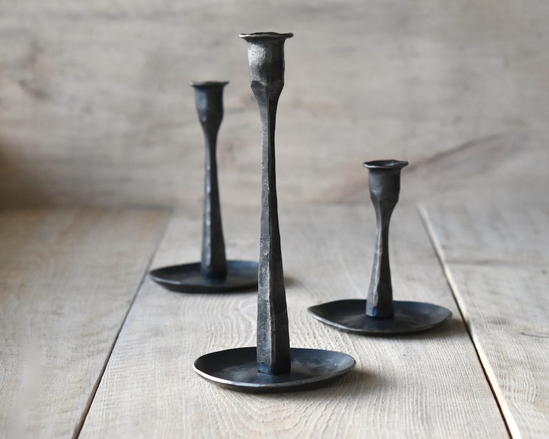 THREE CANDLESTICKS with or without personalization iron candlesticks wabi sabi iron anniversary 6th anniversary 11th anniversary image 1