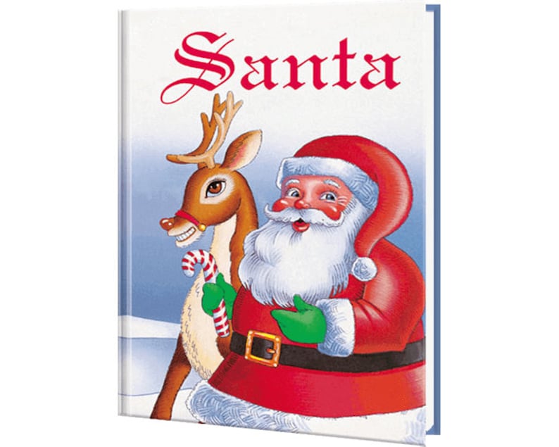 May include: A children's book cover featuring a cartoon illustration of Santa Claus with a white beard and a red suit, holding a candy cane. A brown reindeer with antlers is standing next to Santa. The book title is "Santa" in red lettering.