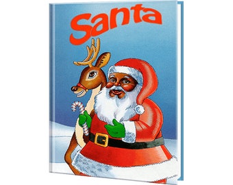 May include: A book titled "Santa" with a colourful illustration of Santa Claus with a white beard and a reindeer on a blue background.