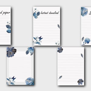 Printable Lined paper blank Writing Paper Blue and Gold design paper Letter Writing Paper Writing Set, Note paper, set of 5 size A4