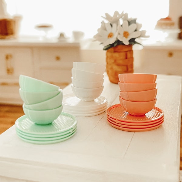 Faux PLA dishes - 1:12 Dollhouse Miniature Vintage Kitchen Plates, cups, bowls, and Mugs 16 piece set