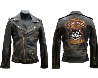 Genuine Leather Greaser Jacket for Men & Women-Screen Accurate Cool Cats Post-Apocalyptic, Wasteland, Raiders, Gang, Atom-Patches Available