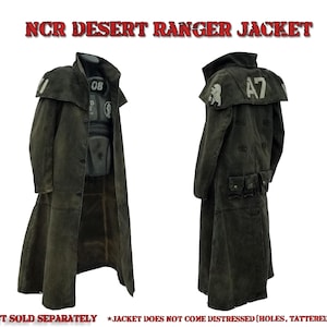 May include: A dark green NCR Desert Ranger Jacket, displayed from the front and back. The jacket has a long coat design with a high collar and multiple pockets. The text "NCR DESERT RANGER JACKET" is at the top. The back of the jacket has the number "A7".