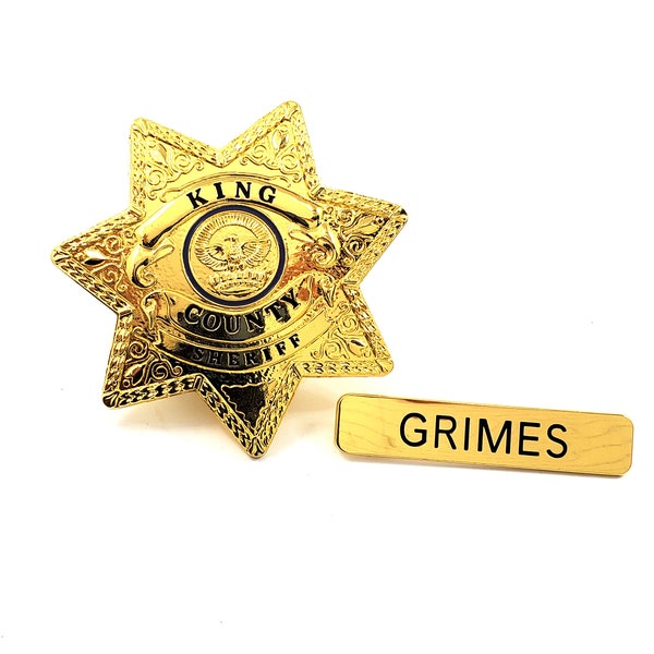 Walking Dead King County Sheriff's Badge with Grimes Name Tag - Hat and/or Shirt Badge - Made From Metal!