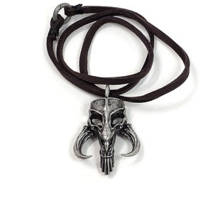 May include: A silver Mandalorian symbol pendant necklace with a brown leather cord.